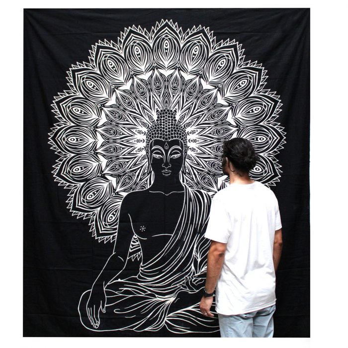 B&W Double Cotton Bedspread + Wall Hanging - Buddha / BW Double Cotton Bedspread Wall Hanging Buddha 1
