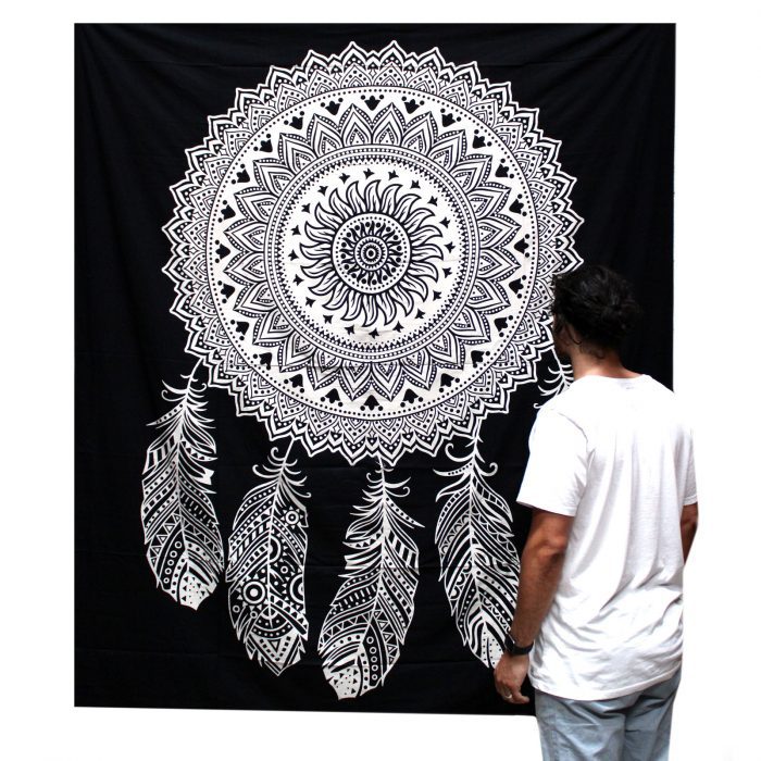 B&W Double Cotton Bedspread + Wall Hanging - Dreamcatcher / BW Double Cotton Bedspread Wall Hanging Dreamcatcher 1