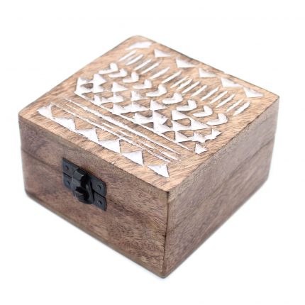 White Washed Wooden Box - 4x4 Aztec Design